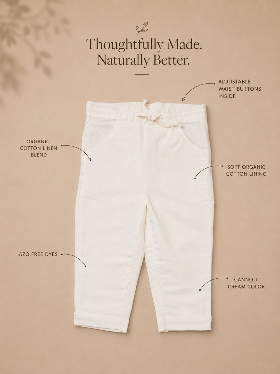 Positano Pants flat lay showing cannoli cream organic cotton-linen with roll-up hems