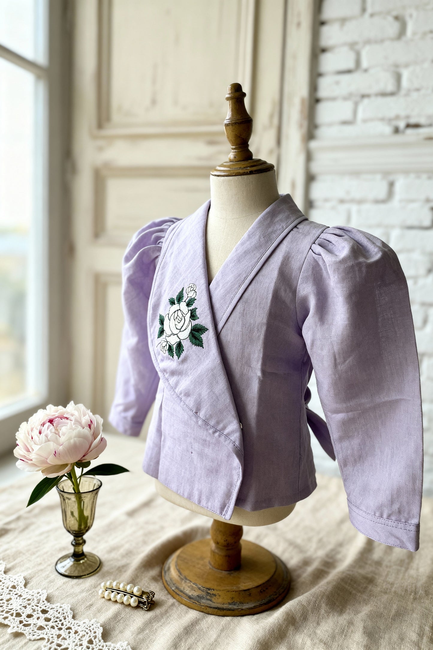 Osaka Blazer Blouse close-up of hand-embroidered white rose detail
