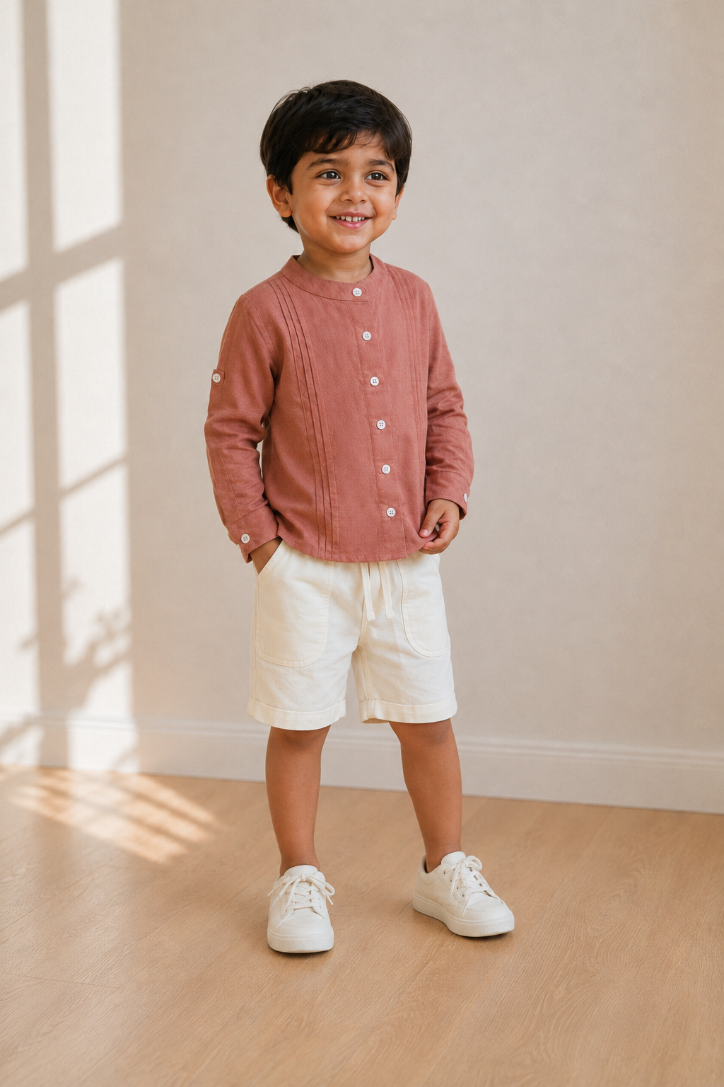 A young boy wearing a dusty rose long-sleeve button-up shirt, off-white linen shorts, and white sneakers, standing in a brightly lit room with a beige wall and light wood floor.