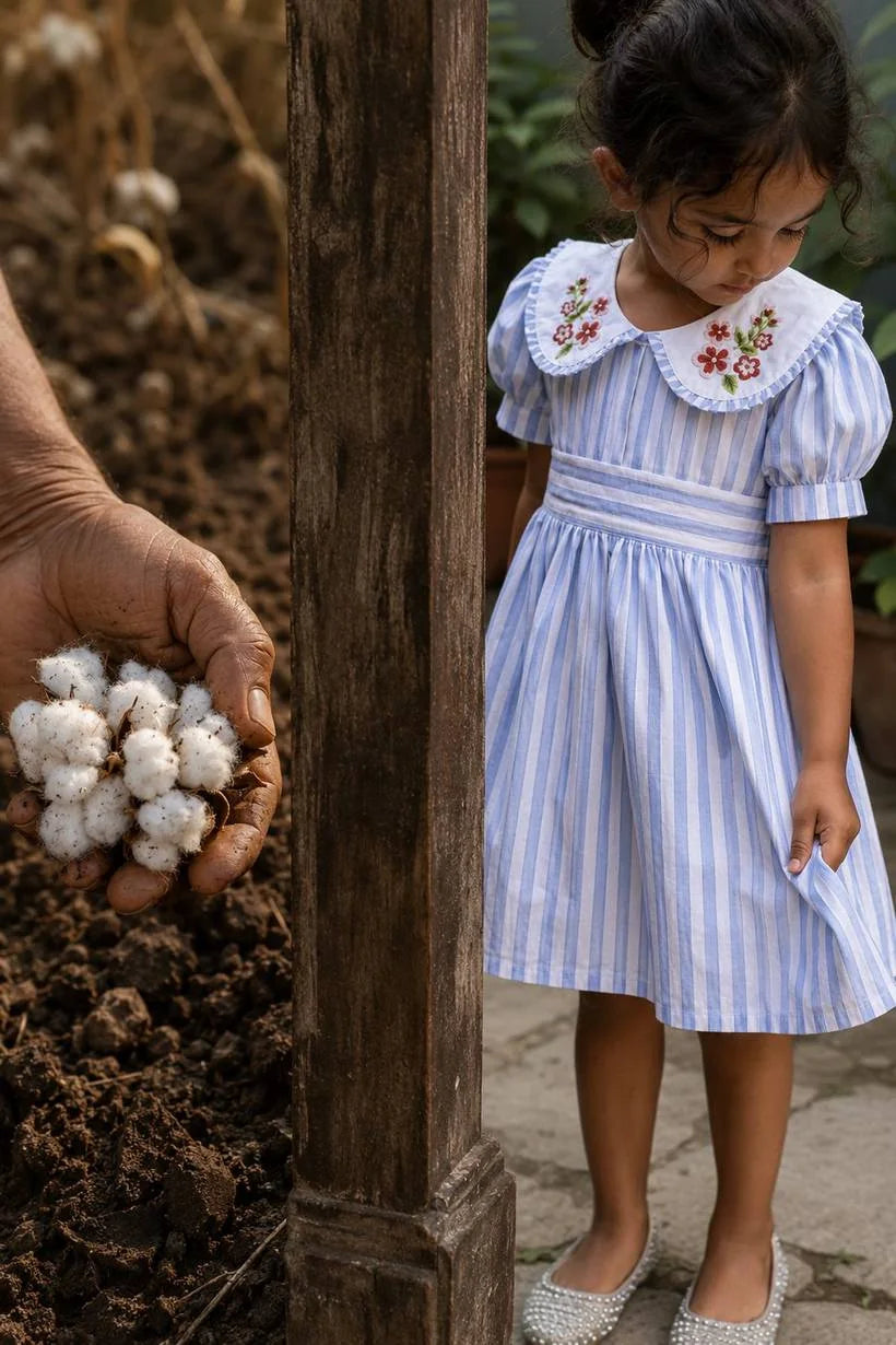 Raw organic cotton held in a hand, beside a child in a striped dress