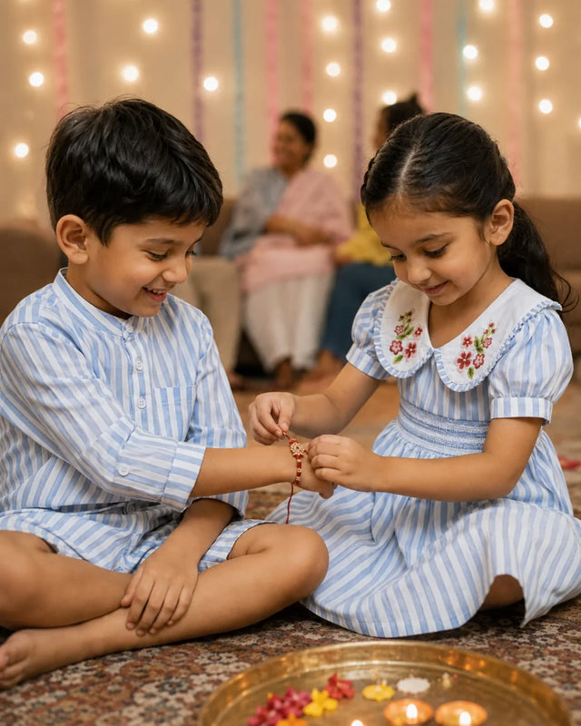 The Rakhi Blue Stripe — matching brother and sister outfit for Rakhi